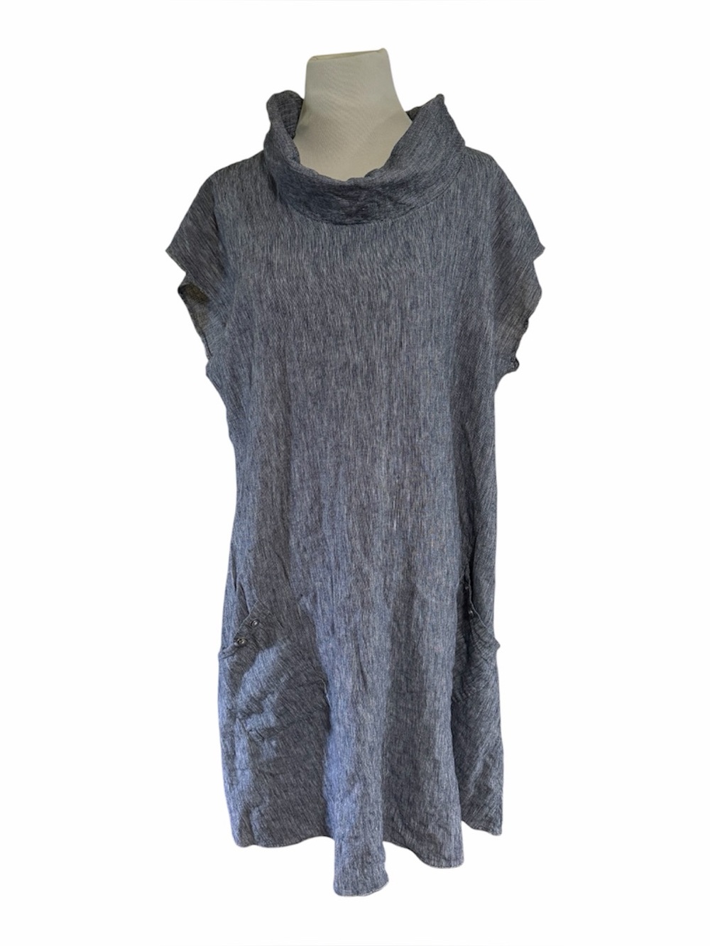 Fenini Linen roll neck Sleeveless minimalist Langenlook dress in Chambray, XL